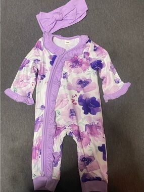 Amazon Purple Floral Ruffle Baby One-Piece with Headband